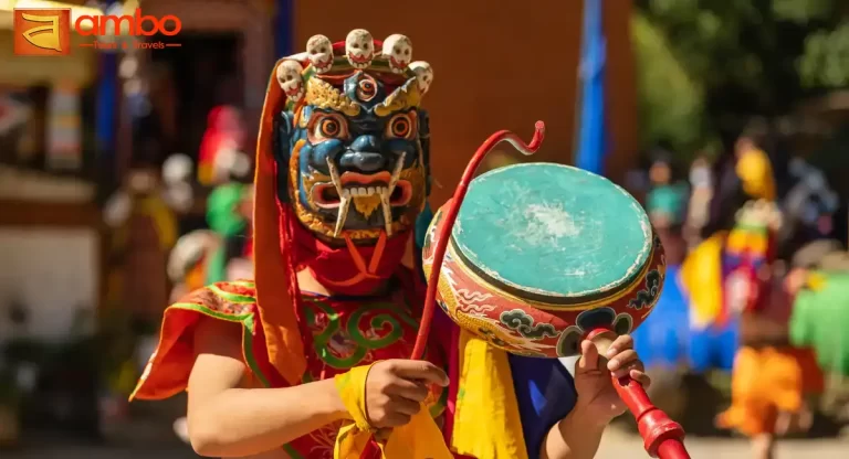 Gangtey Tshechu Festival at Gangtey Gompa monastery, Phobjikha Valley Bhutan — monks performing sacred cham mask dances