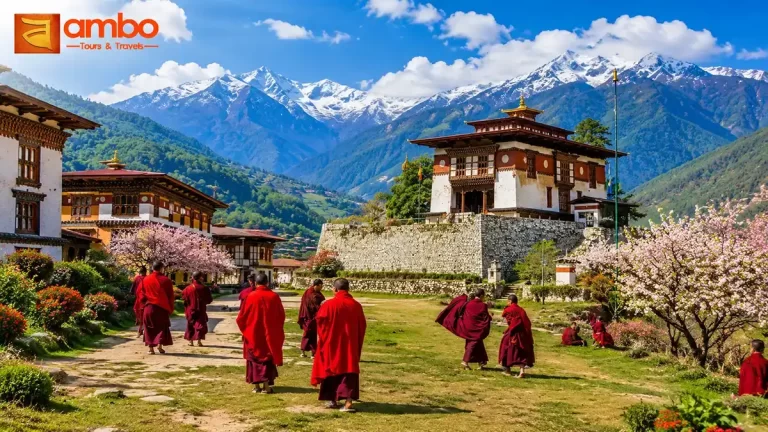 Monks walking in front of Paro Dzong with Himalayan mountains in the background on a 6-day Bhutan tour