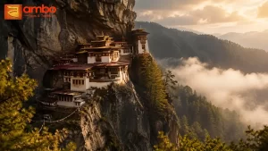 Paro Taktsang Tiger's Nest monastery, Bhutan, golden hour view above the valley