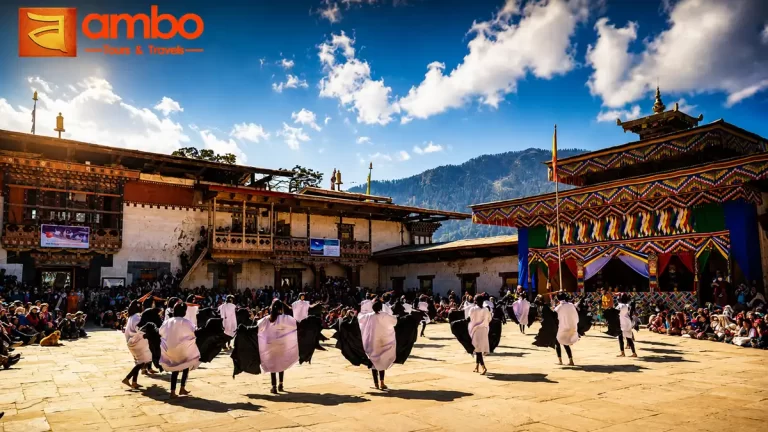 Black-Necked Crane Festival at Gangtey Goenpa monastery, Phobjikha Valley, Bhutan — schoolchildren performing crane dance in traditional costume