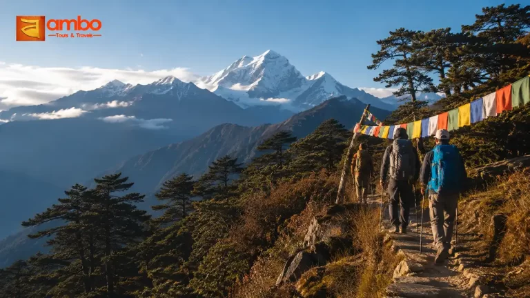 Trekkers descending toward Tiger's Nest Monastery on the Bumdra Trek, Paro valley, Bhutan