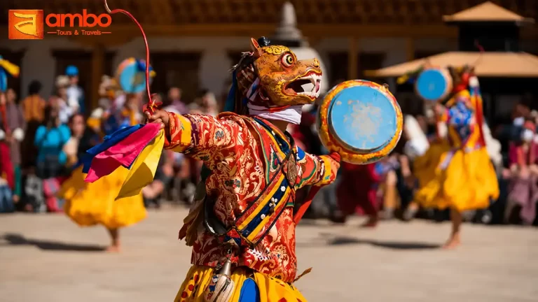 Monks performing sacred cham mask dances in the courtyard of Jakar Dzong, Bumthang valley, during the Jakar Tshechu Festival
