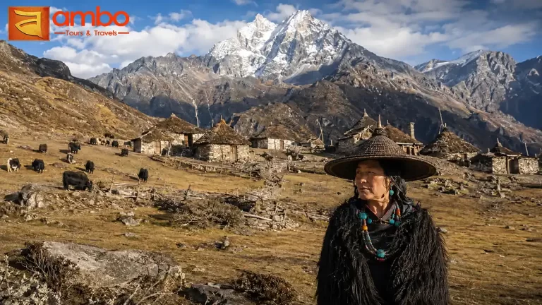 Layap houses and yak herds on the alpine slopes above Laya village at 3,880m in northern Bhutan on the Laya-Gasa Trek