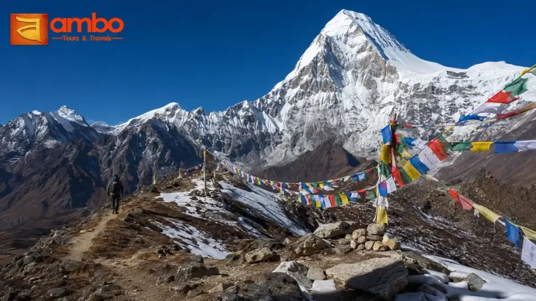Trekker on the ridge above Jangothang camp with Mount Chomolhari (7,326m) rising behind prayer flags on the approach to Nyile La Pass, Bhutan
