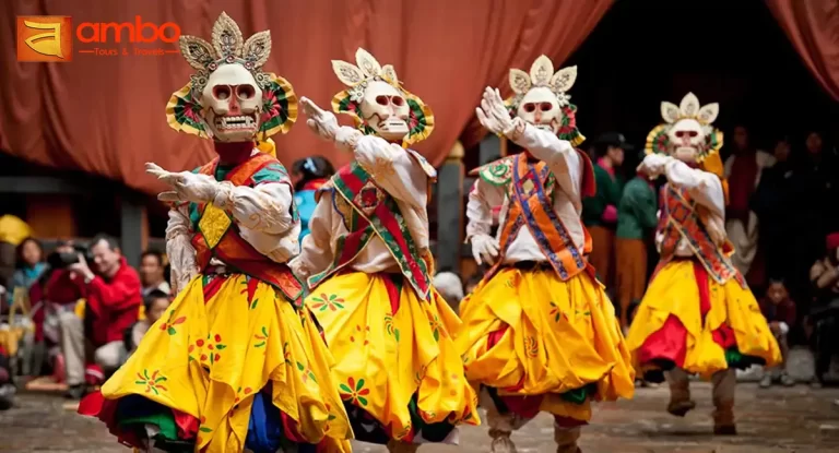 Nimalung Tshechu Festival at Nimalung Monastery, Bumthang valley Bhutan — monks performing sacred cham mask dances