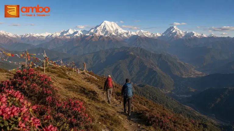 Trekkers on the trail from Haa Valley to Sagala Pass with views of Jhomolhari (7,314m) and Jitchu Drakye (6,989m) in western Bhutan