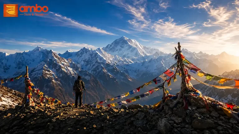 Snowman Trek Bhutan — trekker on a high Himalayan pass with prayer flags and snow-capped peaks