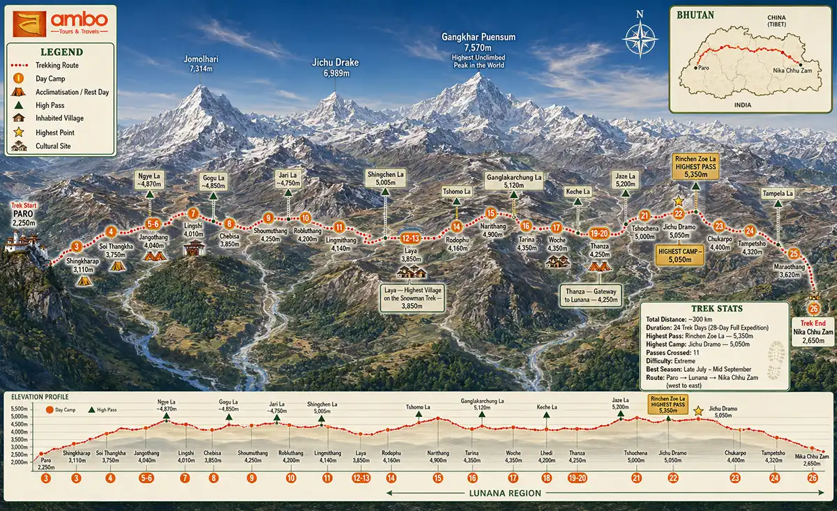 Snowman Trek route map Bhutan — Paro to Nika Chhu Zam crossing 11 high passes through Lunana