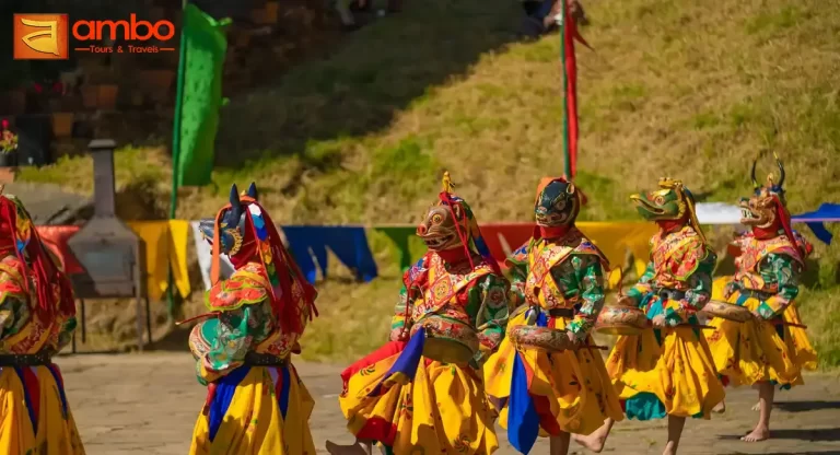Tamshing Tshechu Festival at Tamshing Lhakhang monastery, Bumthang valley Bhutan — monks performing sacred cham mask dances