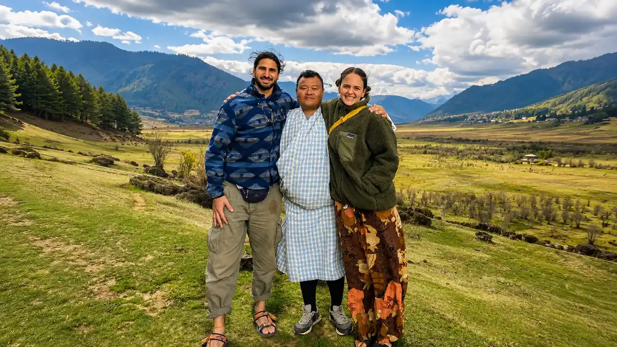 kelly and pat from Australia in a serene valley in Bhutan