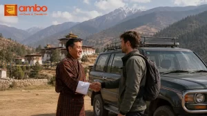 A traveler and guide sharing a warm moment at the end of a Bhutan tour