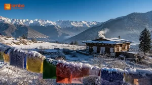 Snow-dusted valley in Bhutan during winter travel season