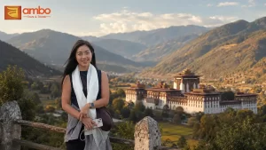 A solo female traveler enjoying a peaceful moment overlooking a Bhutanese valley