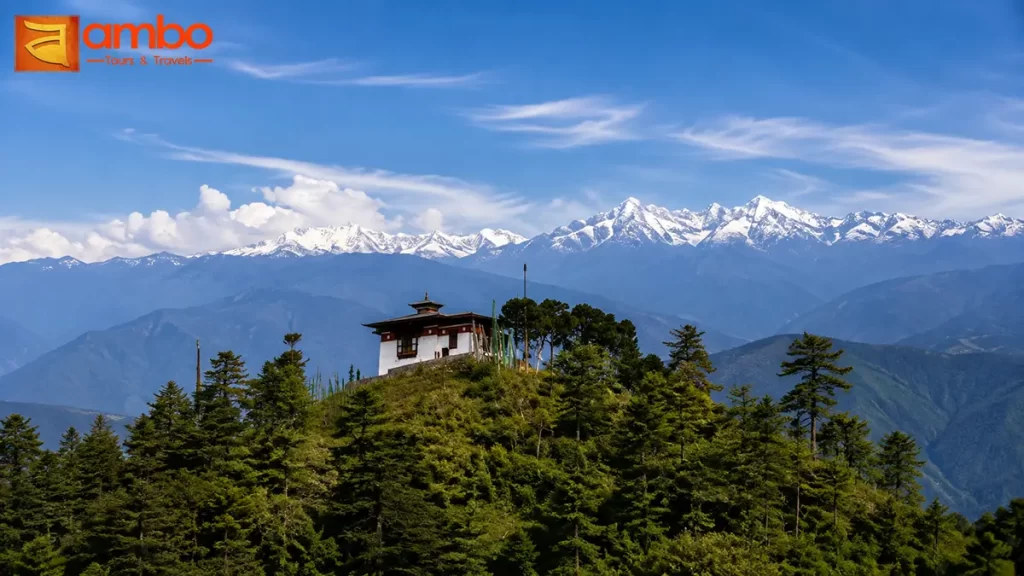 Lungchuzekha Monastery on its forested ridge above Dochula Pass, Bhutan
