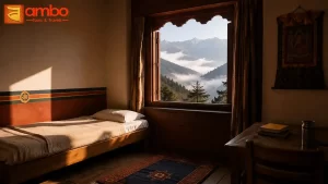 A simple monastic guest room in a Bhutanese monastery, available occasionally for overnight travelers