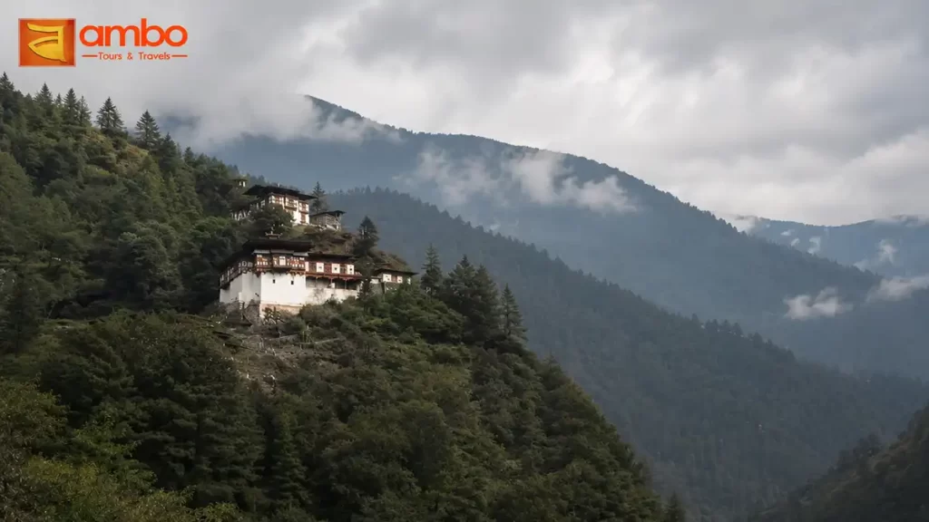 Tango and Cheri Monastery facing each other across the Wang Chhu river north of Thimphu