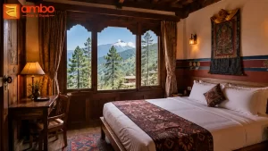 Traditional Bhutanese hotel room with carved wood details and mountain view